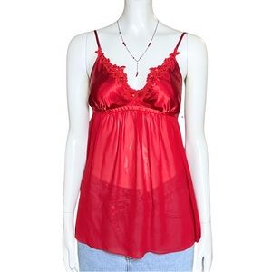 Y2K Red Satin Sheer Beaded Babydoll Top Micro Mini Slip Dress XS Lingerie Fairy